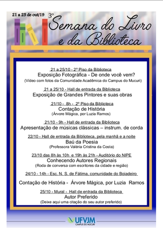 Programação da 3º Semana do Livro e da Biblioteca em Teófilo Otoni