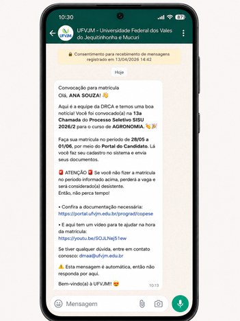 Serviço utiliza WhatsApp para informar etapas dos processos seletivos, prazos e procedimentos relacionados ao ingresso na graduação